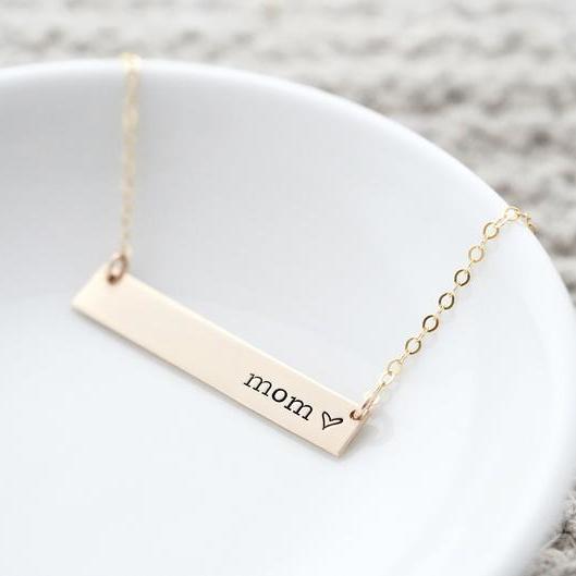 Words By Heart:Mom (with heart), Large Standard Horizontal Bar Necklace:Asheville, NC