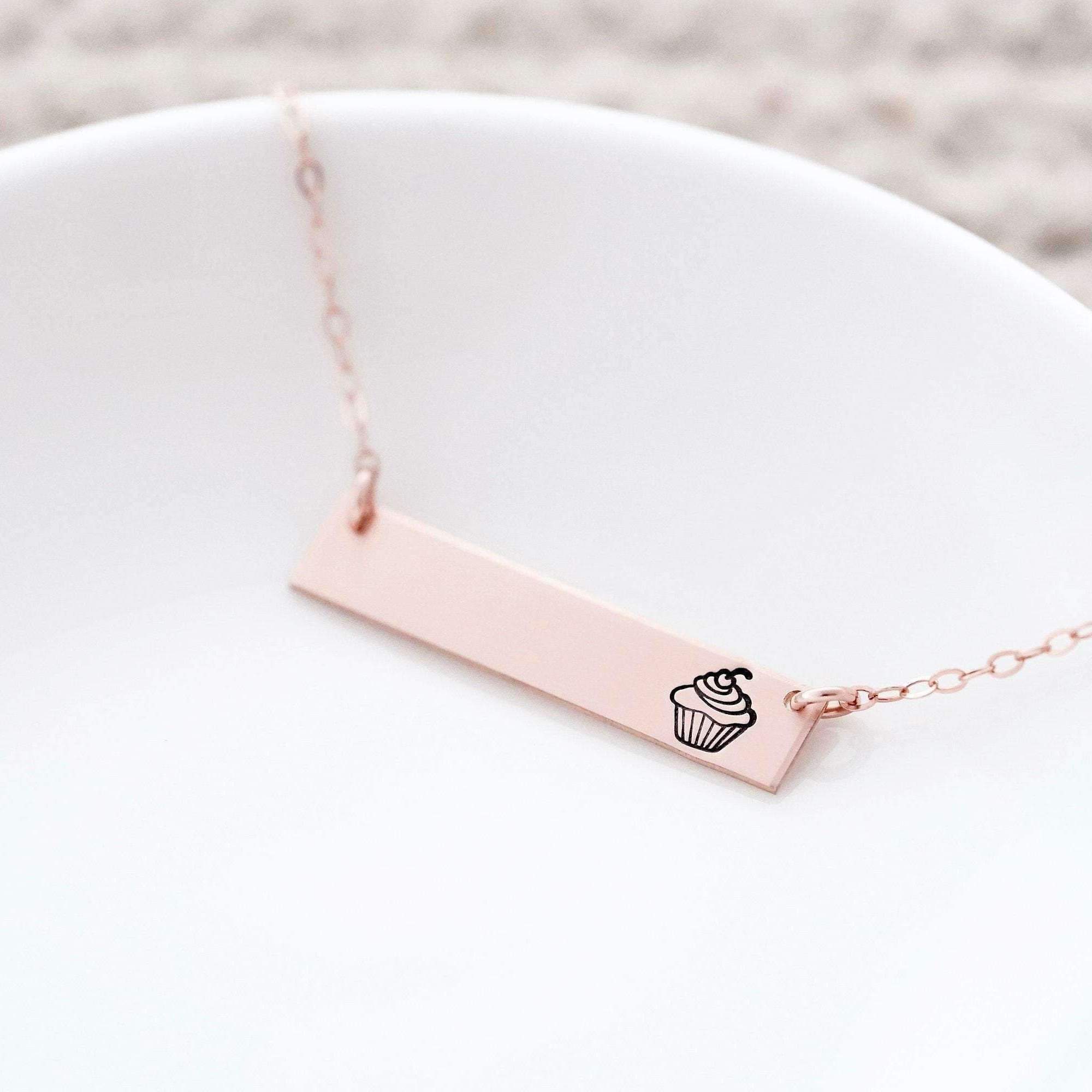 Words By Heart:Cupcake, Horizontal Bar Necklace:Asheville, NC