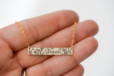 Personalized Floral Bar Necklace