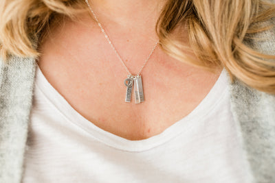 Words By Heart:Personalized Vertical Bar Necklace with Heart Charm:Asheville, NC