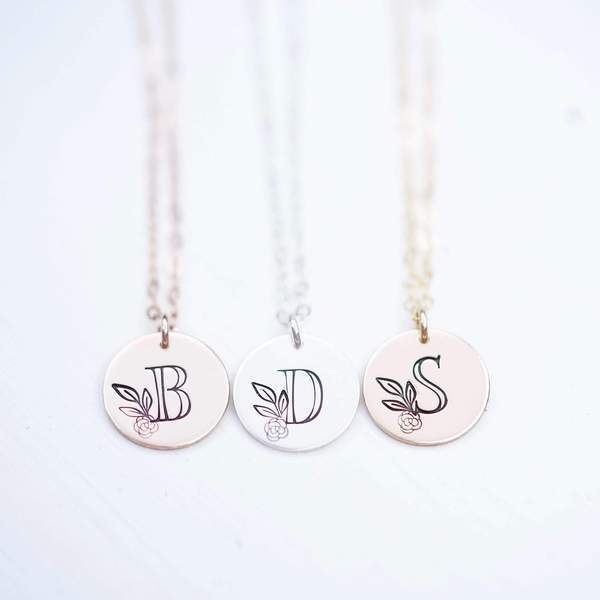 Words By Heart:Personalized Floral Initial Disc Necklace:Asheville, NC