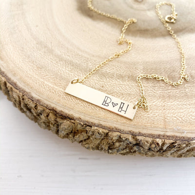 Words By Heart:Personalized Heart Split Initial Bar Necklace:Asheville, NC