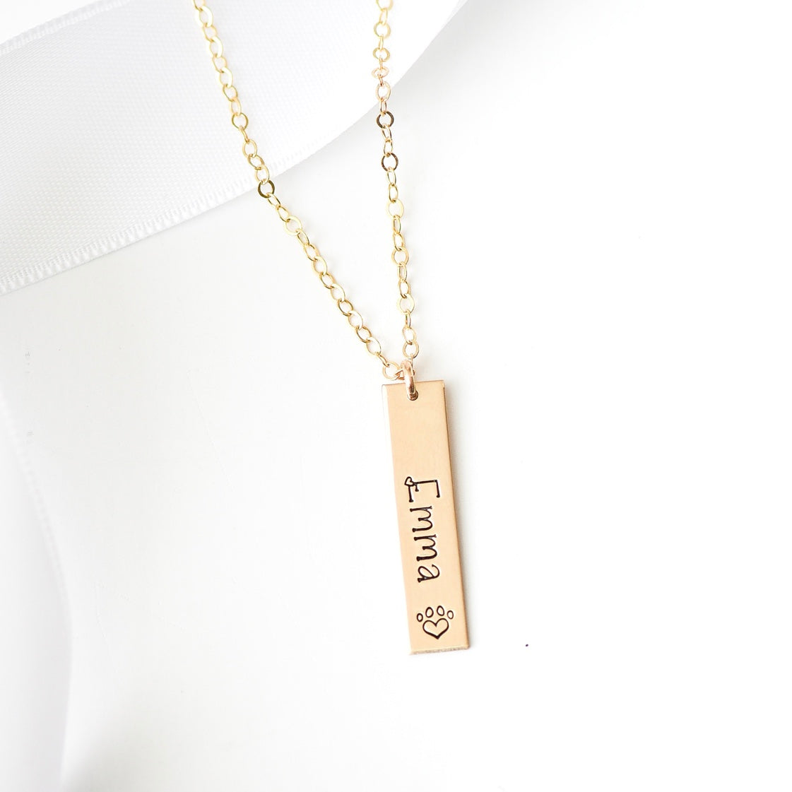 Words By Heart:Personalized Paw Print Vertical Bar Necklace:Asheville, NC