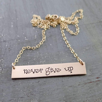 Words By Heart:Never Give Up, Horizontal Bar Necklace:Asheville, NC