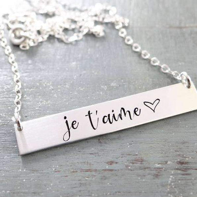 Words By Heart:Je T'aime - I Love You in French, Horizontal Bar Necklace:Asheville, NC