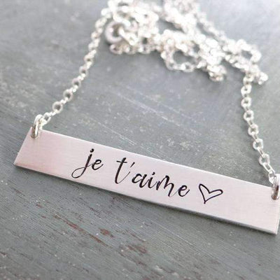 Words By Heart:Je T'aime - I Love You in French, Horizontal Bar Necklace:Asheville, NC