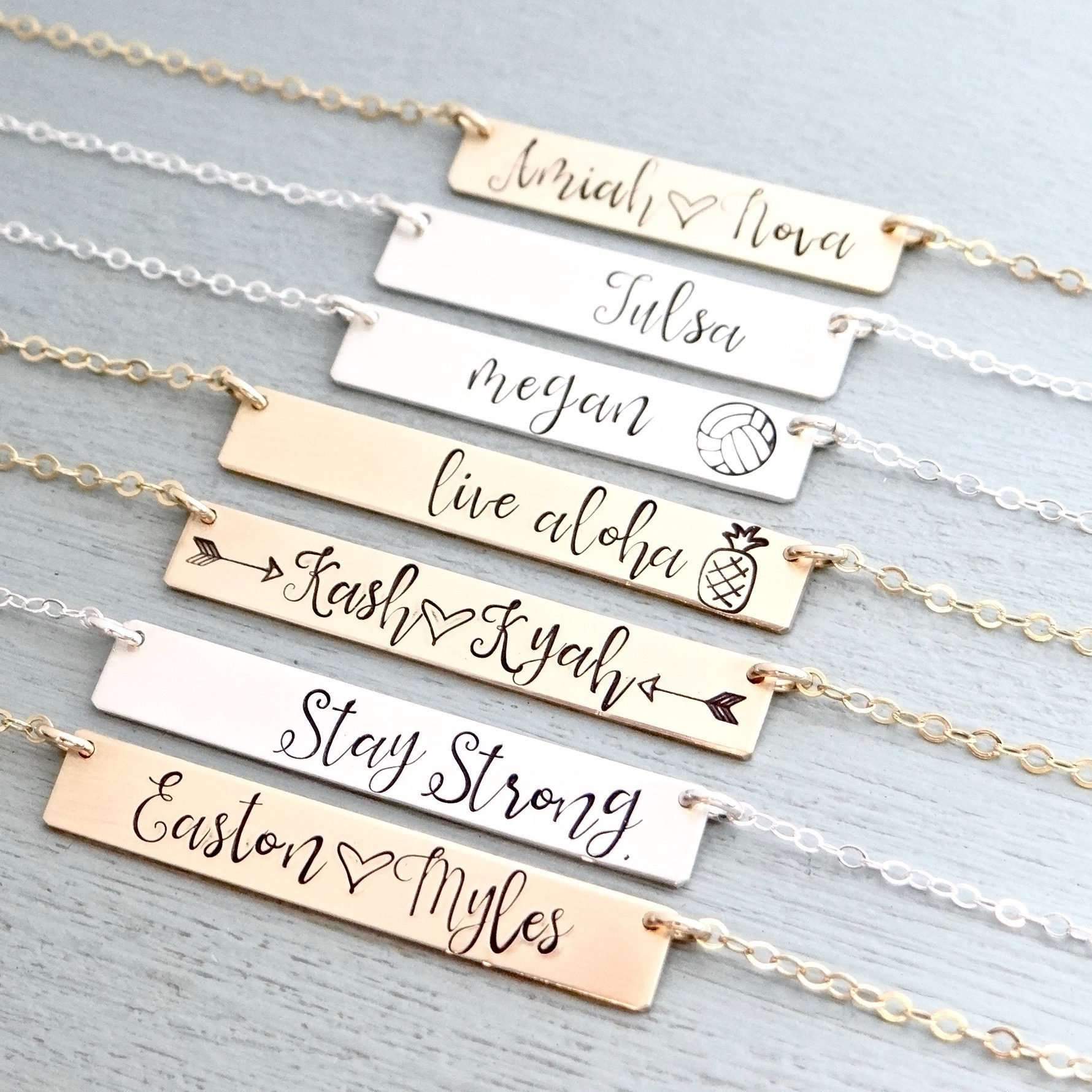 Words By Heart:Calligraphy Font Personalized Bar Necklace:Asheville, NC