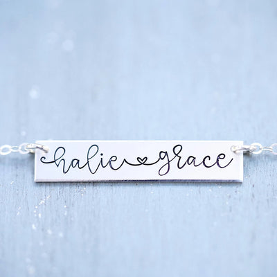 Words By Heart:Handwritten Names with Heart Bar Necklace:Asheville, NC