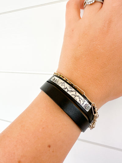 Mountains in Silver Double Wrap Leather Bracelet